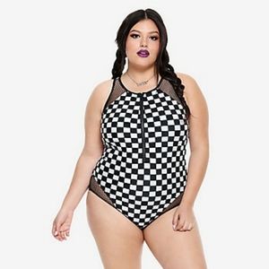 Black & White Checkered Zip-Up Swimsuit